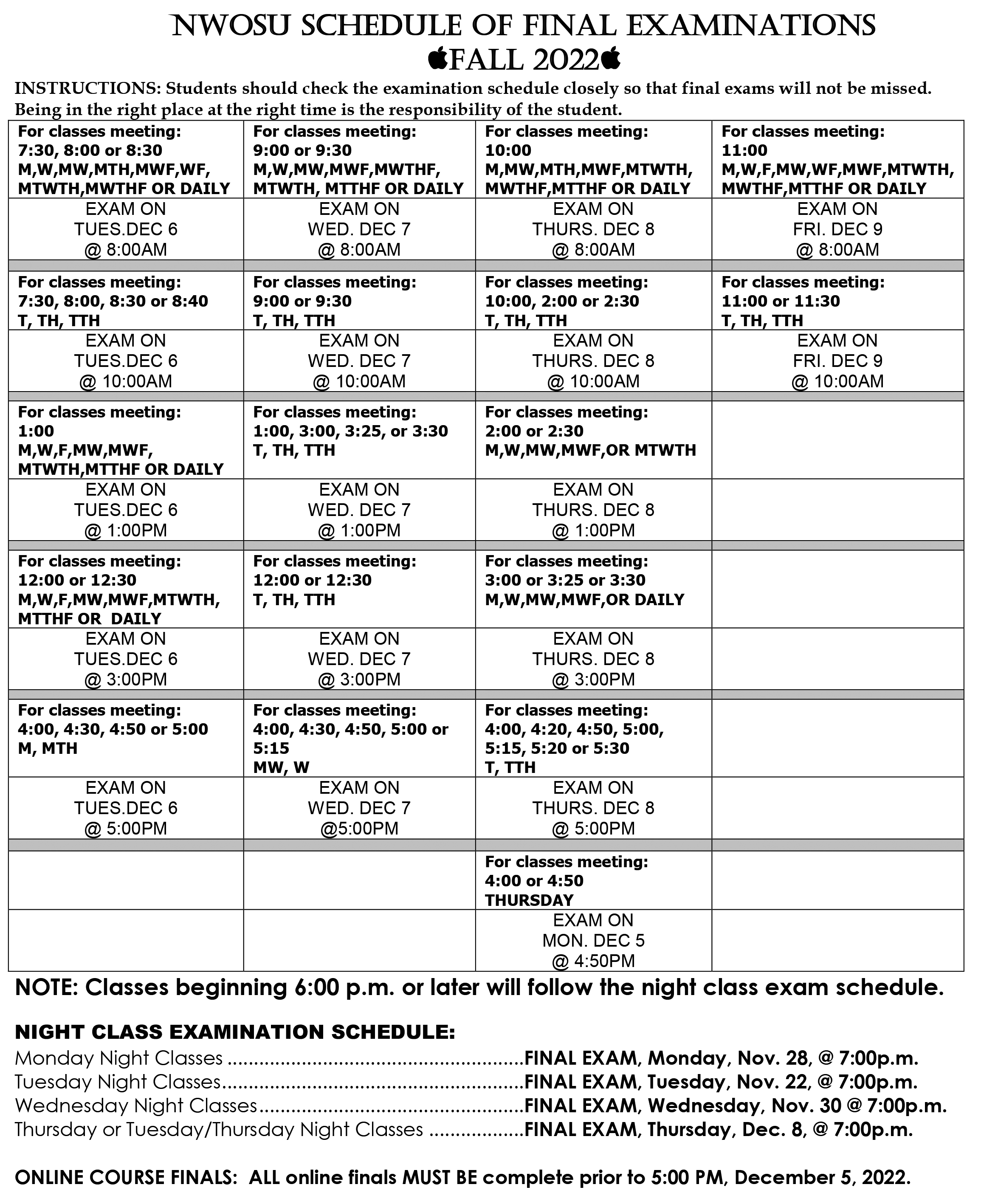 Okstate Final Exam Schedule Spring 2022 Finals Schedule | Northwestern Oklahoma State University