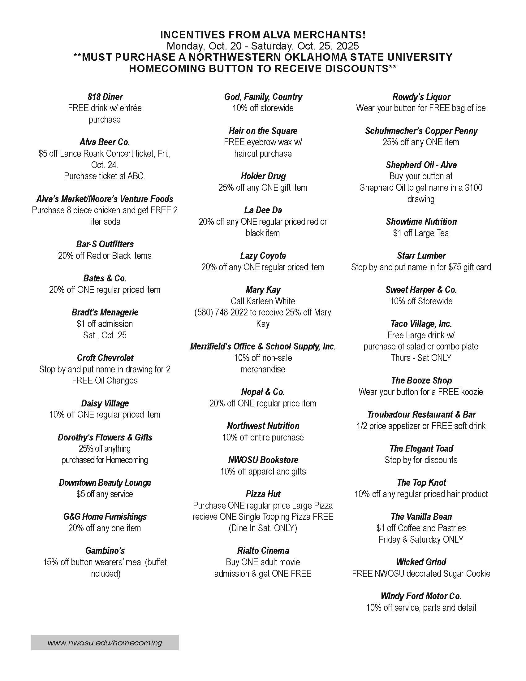 Incentives from Alva Merchants during Homecoming