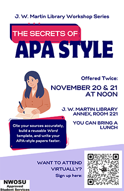 “The Secrets of APA Style” workshop is Nov. 20 - 21 at noon in Room 221 of the J.W. Martin Library Annex.