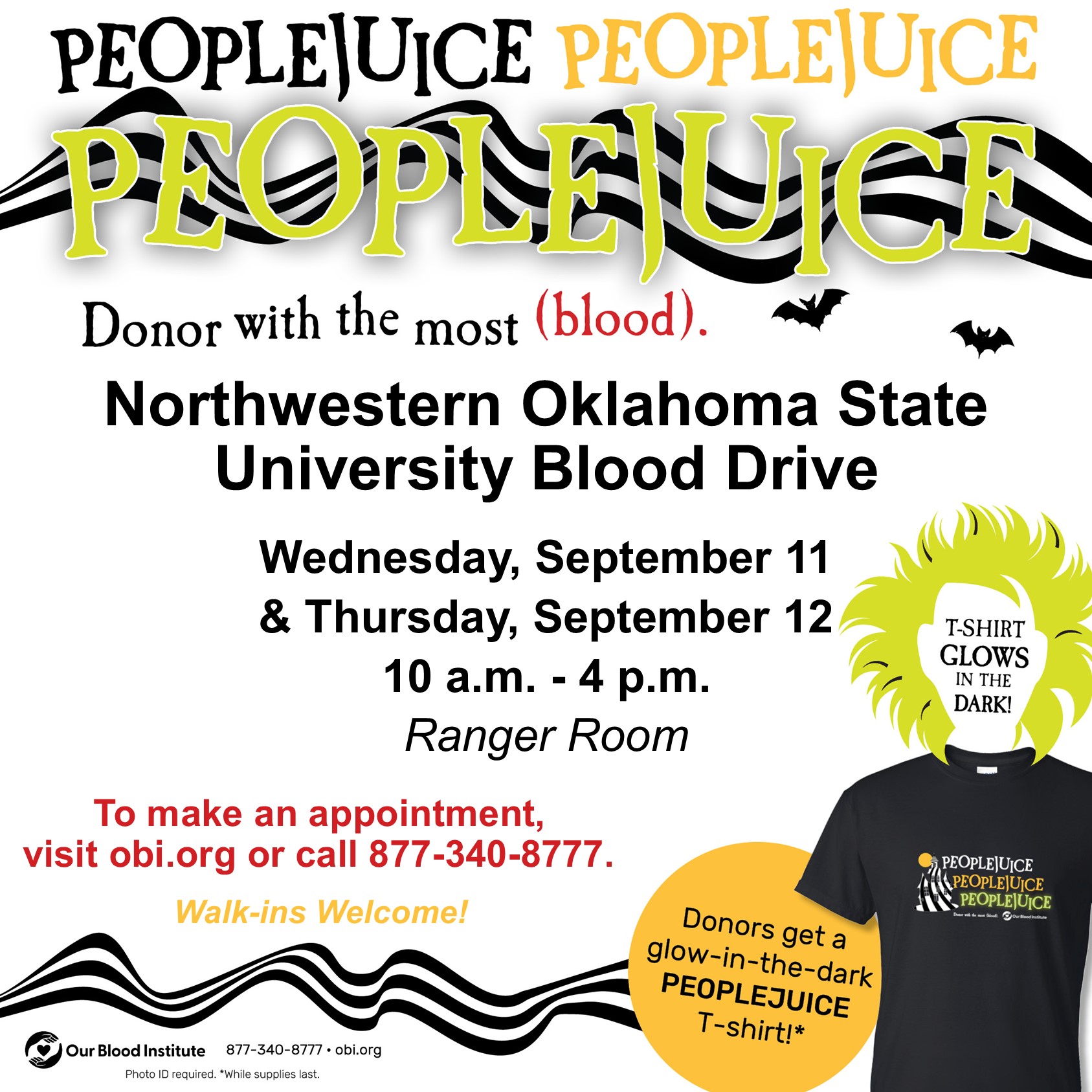 Northwestern Oklahoma State University’s President’s Leadership Class is partnering with the Our Blood Institute in Oklahoma to hold a blood drive from 10 a.m. to 4 p.m. on Wednesday and Thursday, Sept. 11-12, in the Student Center Ranger Room on the Alva campus. 