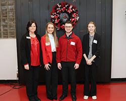 Dr. Jen Oswald, chair of the Division of Education, presented three Northwestern senior education majors with the Spring 2025 Guthrie Scottish Rite scholarship. From left to right: Dr. Jen Oswald, Taylor Ellis, Samuel Grinder and Erica Neuenschwander. 