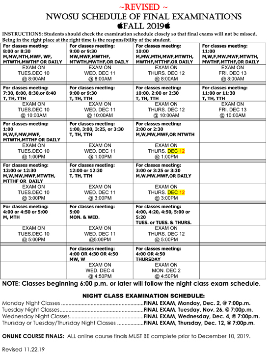 Finals Schedule Northwestern Oklahoma State University
