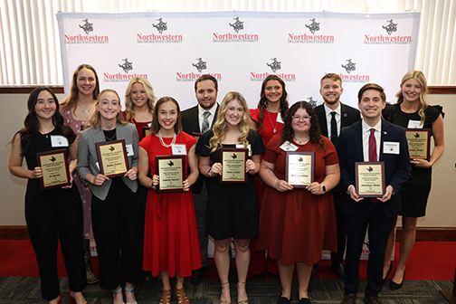 Northwestern Outstanding Seniors include (front, left to right) Ko Brooks, Hadley Bohlen, Isabella Bowers, Haley Combs, McKenzie Killian, Johnathan Ylitalo, (back, left to right) Karolina Juresiute Arensdorf, Jaxy Cloud, John Cloud, Ashlan Light, Jack McCoy and Teagen Wright.