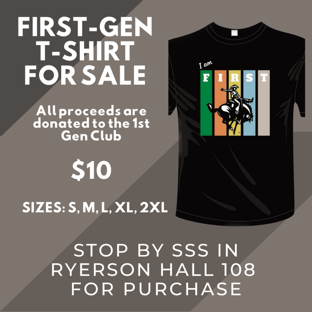 Black First Gen Club t-shirt for sale with mascot design, $10, sizes S–2XL available.