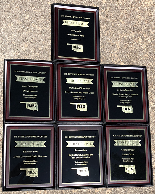 Northwestern’s campus newspaper Northwestern News brought home 15 awards, including six first-place plaques, from the recent Oklahoma Press Association’s Better Newspaper Contest. Jordan Green, editor-in-chief of the News, attended the event and picked up the publication’s awards.